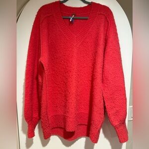 Free People Bright Red Slubby V-Neck Wool Sweater, Size L